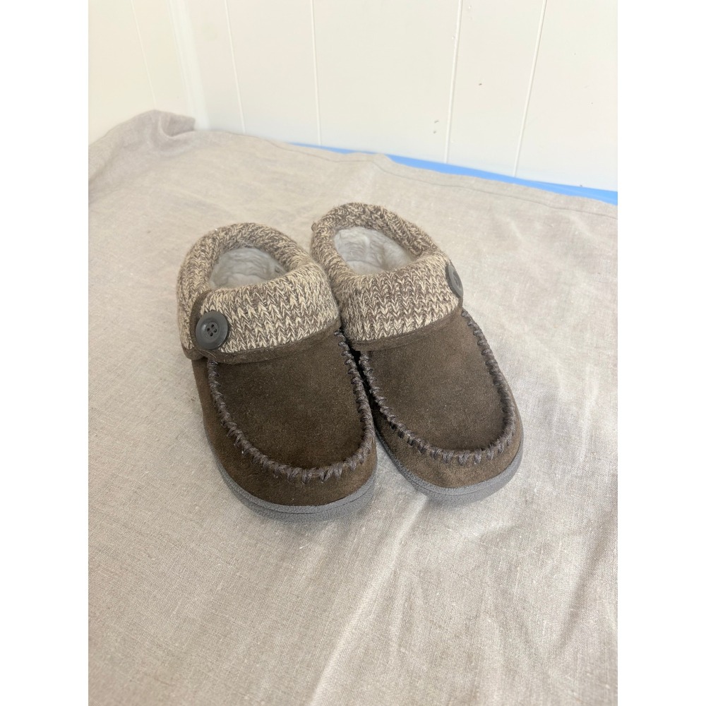 Clarks Womens Brown Suede Knit Collar Moccasin Slippers Faux Fur Lined‎ Size 8 M